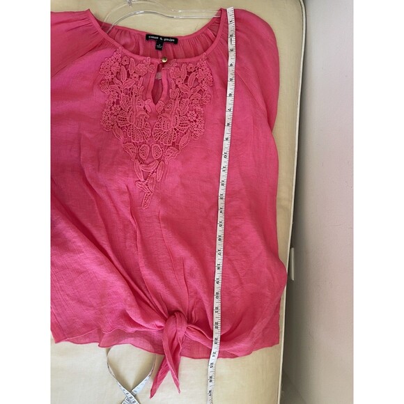 Cable & Gauge Pink Lace Tie Front 3/4 Sleeve Top SZ S - Picture 5 of 7